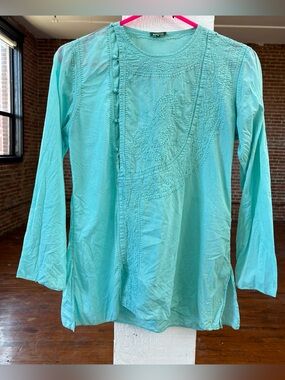 MATTA NY Turquoise Blue Vintage Embroidered Kurta Top Side Buttons Boho Blouse S
